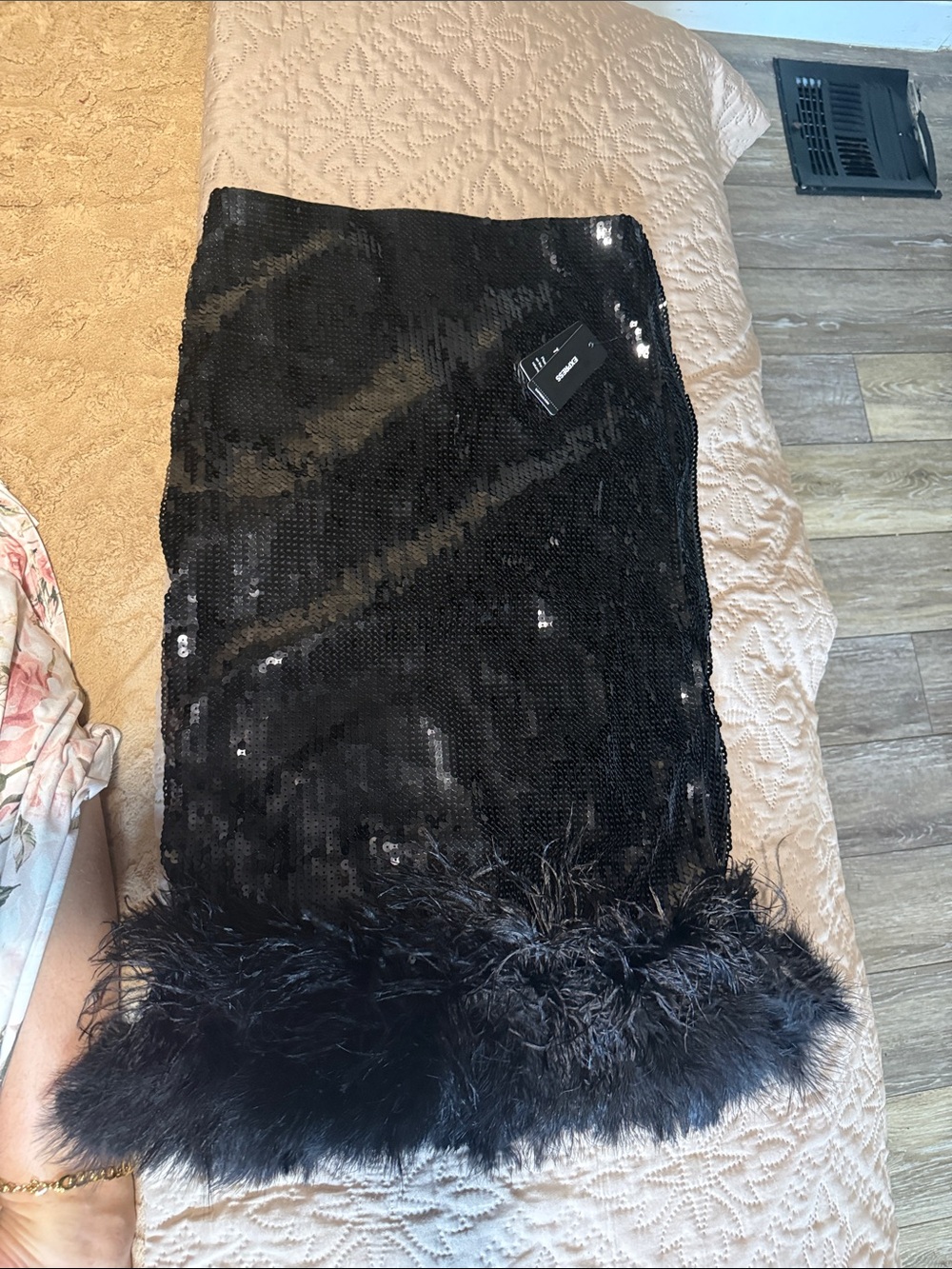 Express Black Sequin Pencil Skirt with Feather Hem